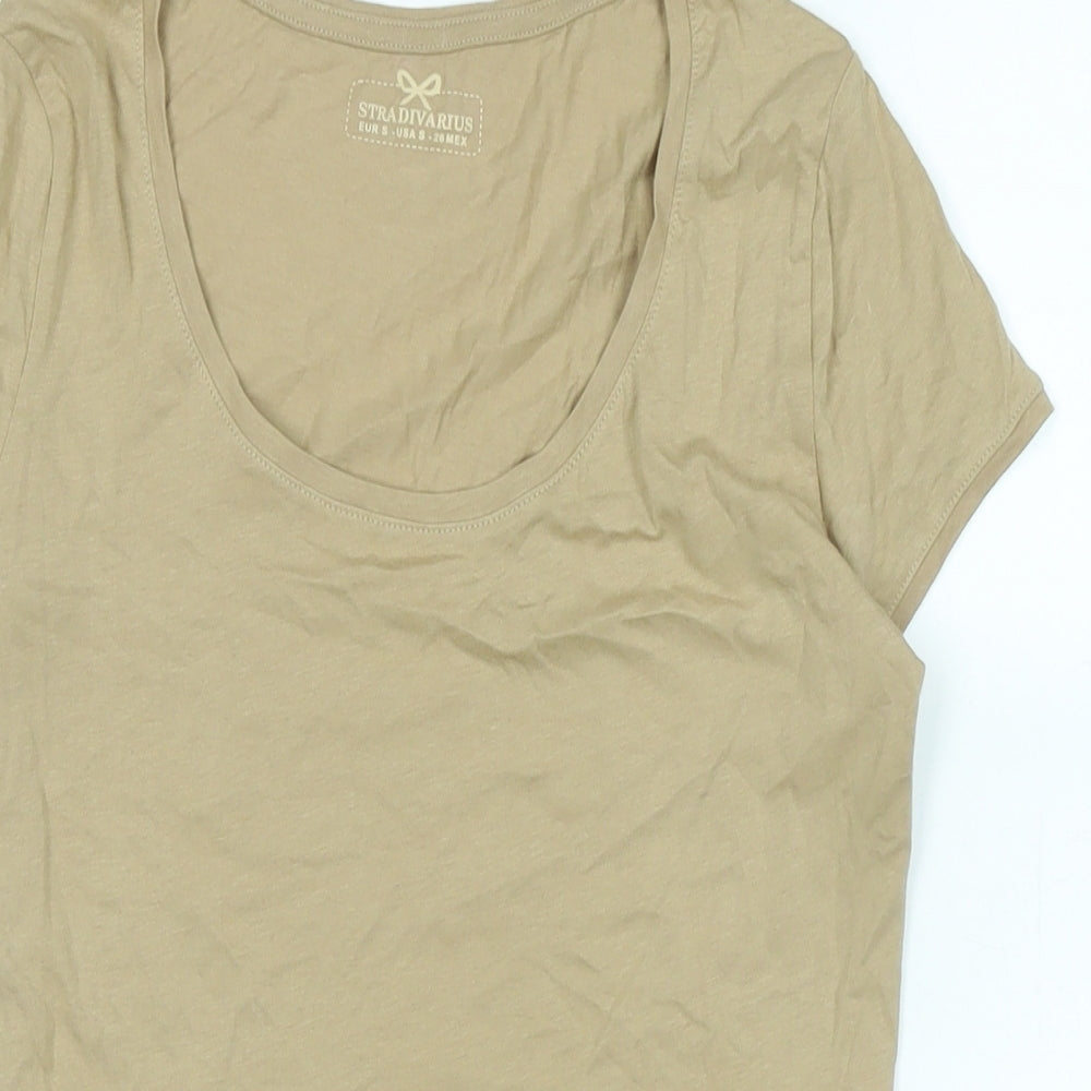 Stradivarius Womens Beige Cotton Basic T-Shirt Size S Scoop Neck