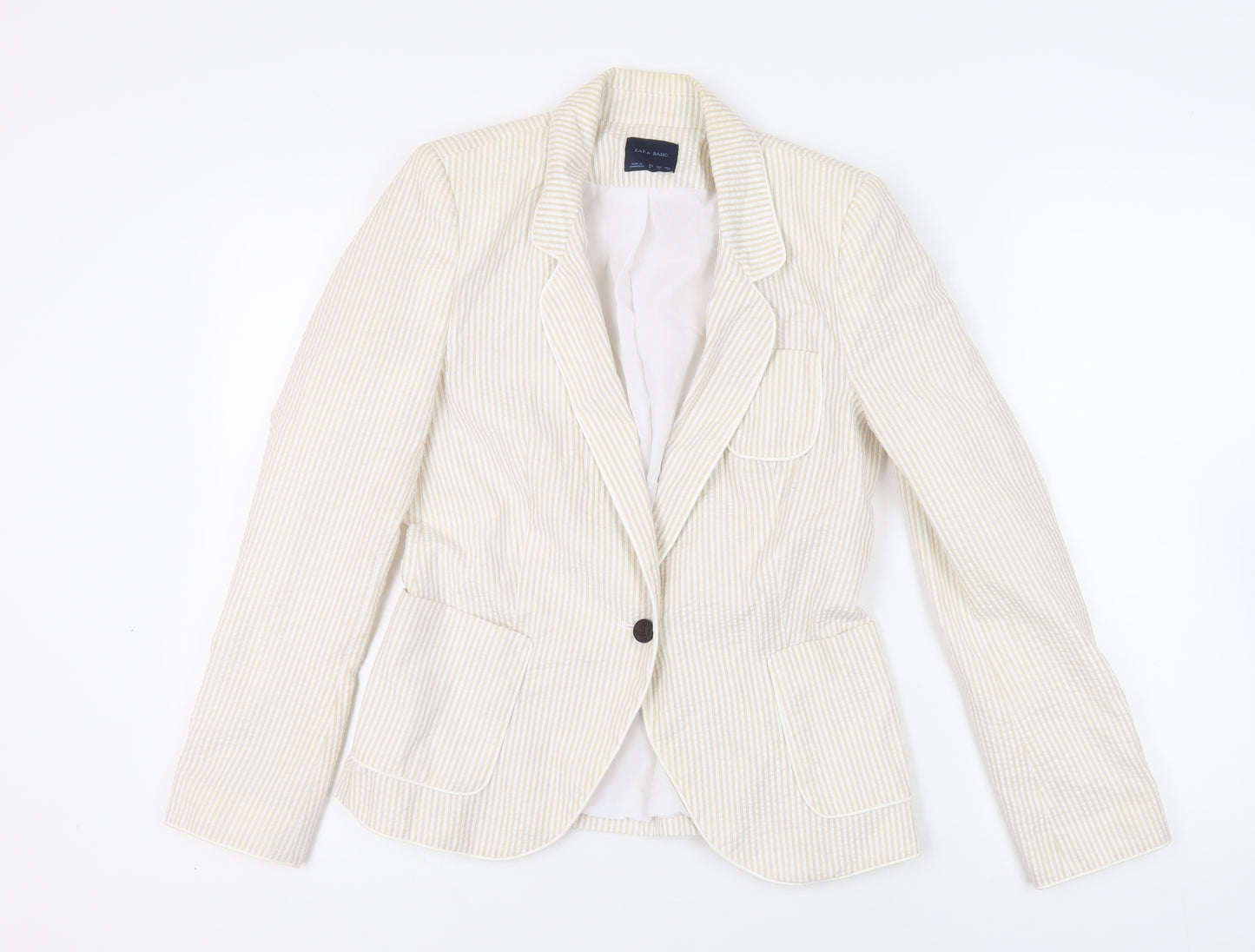 Zara Womens Ivory Striped Jacket Blazer Size M Button