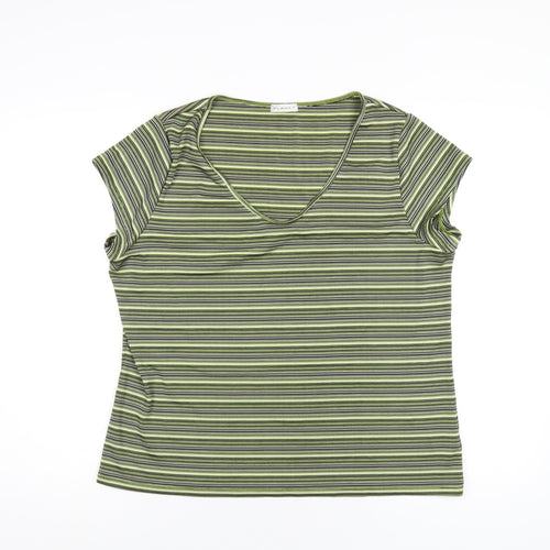 Planet Womens Green Striped Polyester Basic T-Shirt Size XL V-Neck