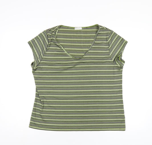 Planet Womens Green Striped Polyester Basic T-Shirt Size XL V-Neck