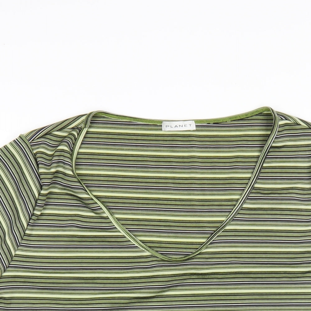 Planet Womens Green Striped Polyester Basic T-Shirt Size XL V-Neck