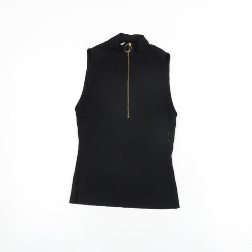 Zara Womens Black Polyester Basic T-Shirt Size S High Neck