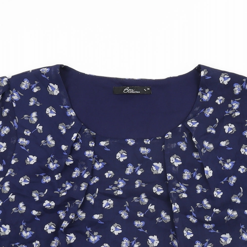 BM Collection Womens Blue Floral Polyester Basic Blouse Size 14 Round Neck