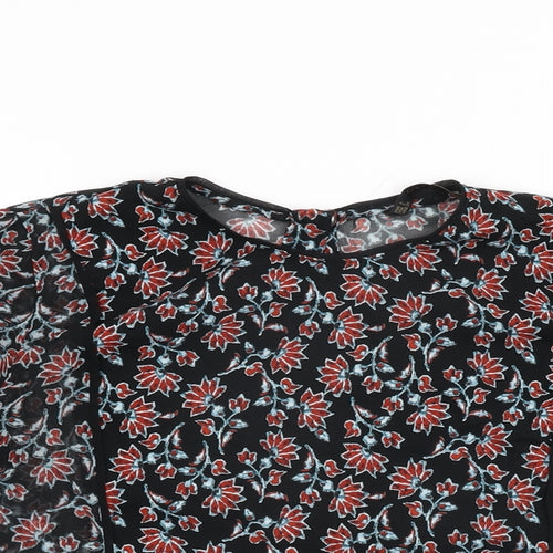 Zara Womens Black Floral Polyester Basic Blouse Size L Round Neck