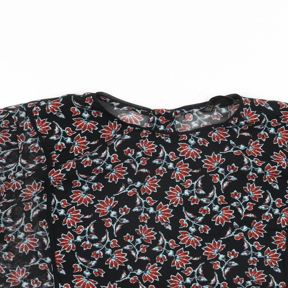 Zara Womens Black Floral Polyester Basic Blouse Size L Round Neck