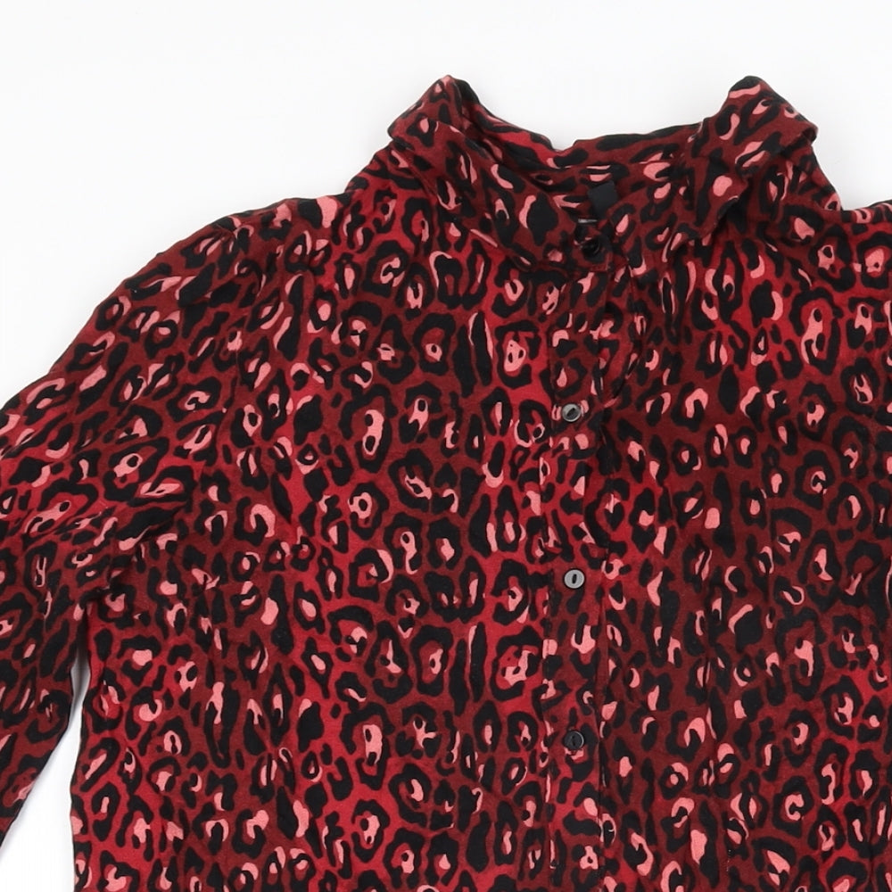 Zara Womens Red Animal Print Viscose Basic T-Shirt Size S Collared