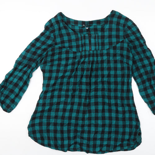 M&Co Womens Green Check Cotton Basic Blouse Size 14 Round Neck