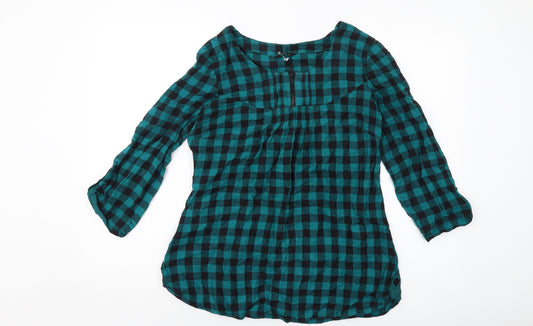 M&Co Womens Green Check Cotton Basic Blouse Size 14 Round Neck