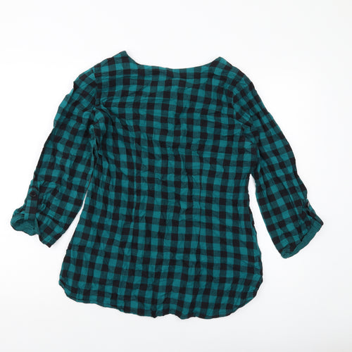 M&Co Womens Green Check Cotton Basic Blouse Size 14 Round Neck