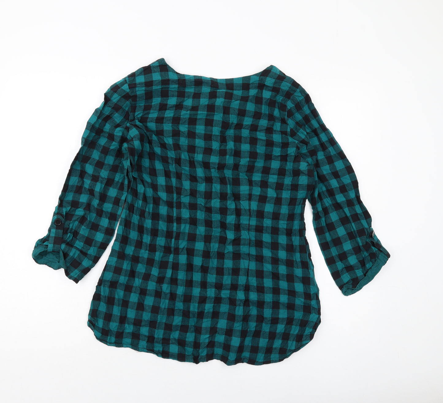 M&Co Womens Green Check Cotton Basic Blouse Size 14 Round Neck