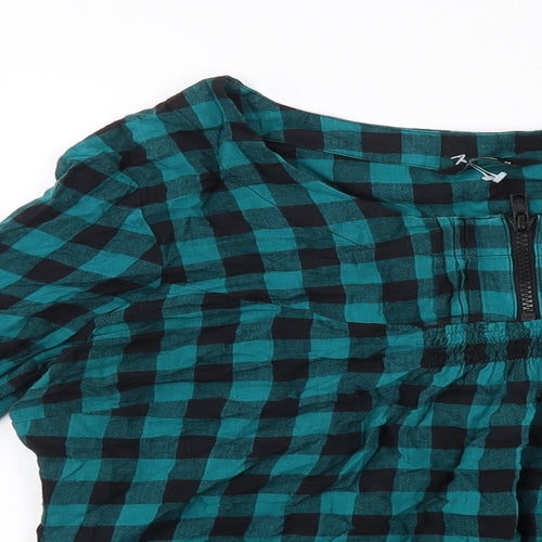 M&Co Womens Green Check Cotton Basic Blouse Size 14 Round Neck