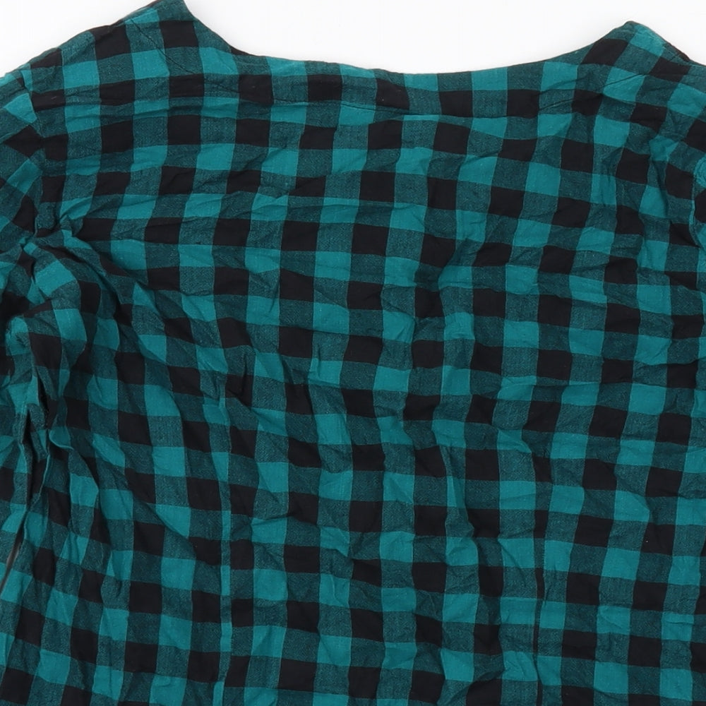 M&Co Womens Green Check Cotton Basic Blouse Size 14 Round Neck