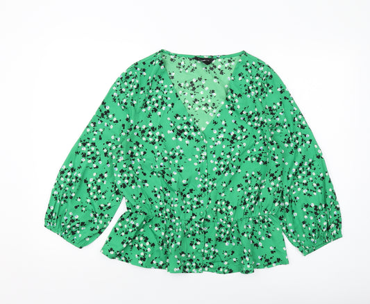 New Look Womens Green Floral Polyester Basic Blouse Size 12 V-Neck