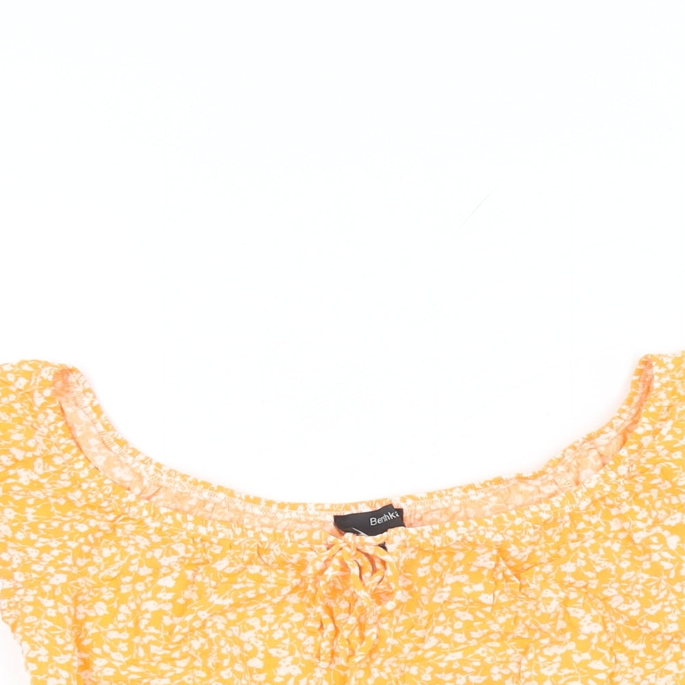 Bershka Womens Orange Floral Viscose Cropped T-Shirt Size S Scoop Neck