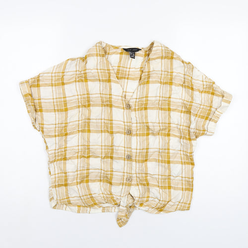 New Look Womens Yellow Plaid Viscose Basic T-Shirt Size 6 V-Neck