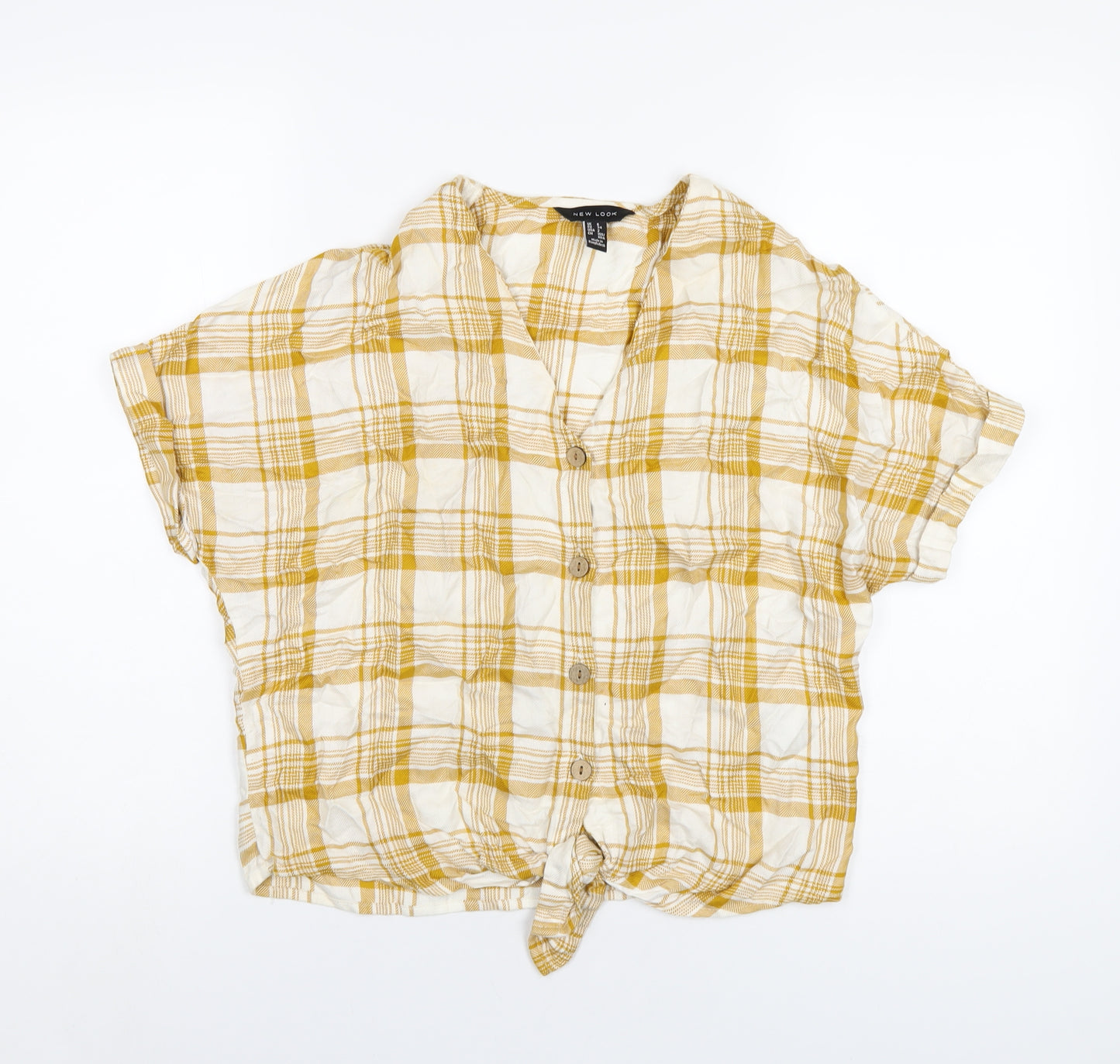 New Look Womens Yellow Plaid Viscose Basic T-Shirt Size 6 V-Neck