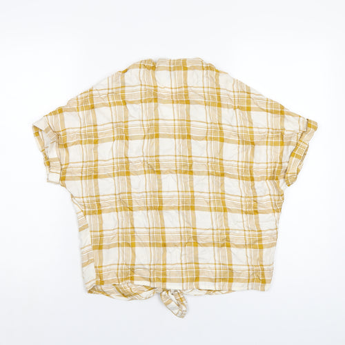 New Look Womens Yellow Plaid Viscose Basic T-Shirt Size 6 V-Neck