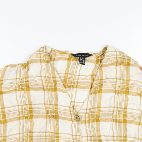 New Look Womens Yellow Plaid Viscose Basic T-Shirt Size 6 V-Neck