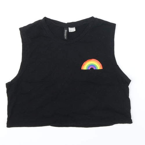 H&M Womens Black 100% Cotton Cropped T-Shirt Size S Round Neck - Rainbow