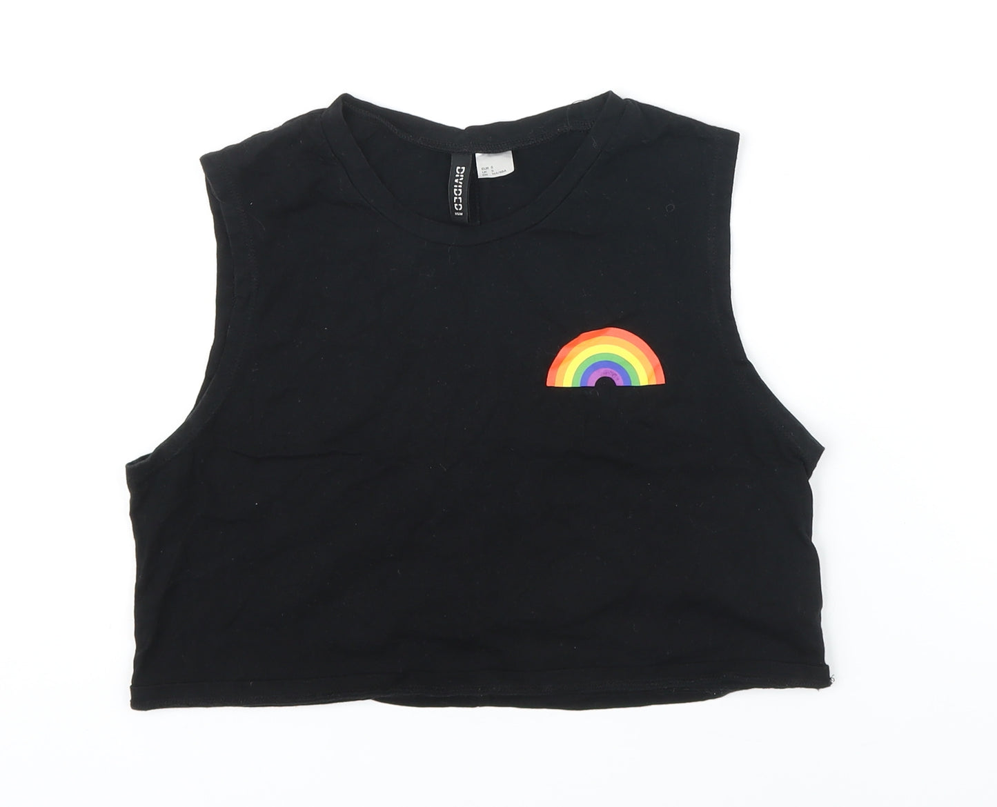 H&M Womens Black 100% Cotton Cropped T-Shirt Size S Round Neck - Rainbow