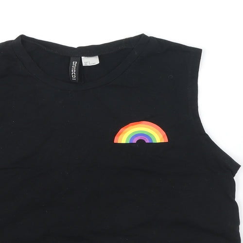 H&M Womens Black 100% Cotton Cropped T-Shirt Size S Round Neck - Rainbow