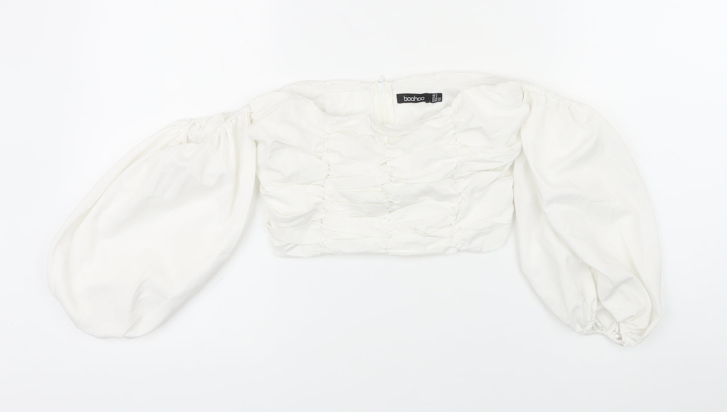 Boohoo Womens White Polyester Cropped Blouse Size 6 Square Neck - Cold Shoulder