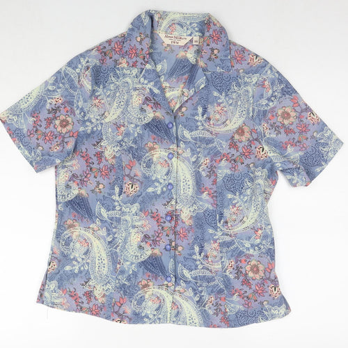 EWM Womens Blue Floral Polyester Basic Button-Up Size 10 Collared