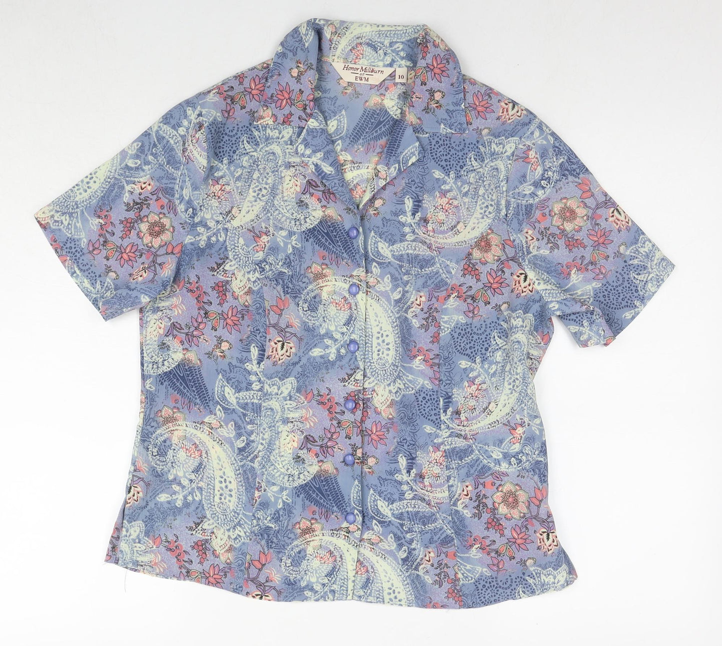 EWM Womens Blue Floral Polyester Basic Button-Up Size 10 Collared