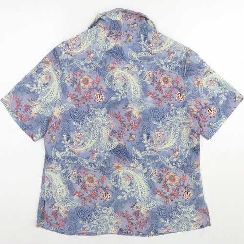 EWM Womens Blue Floral Polyester Basic Button-Up Size 10 Collared