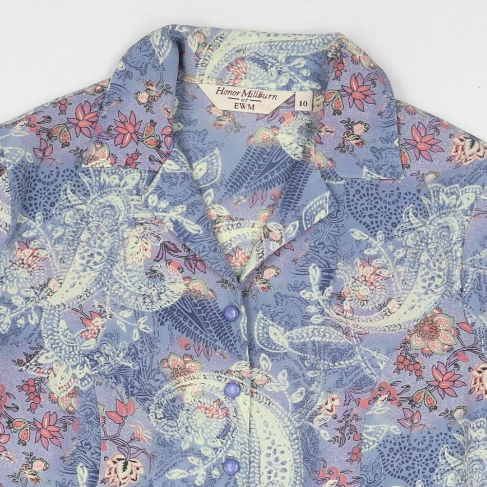 EWM Womens Blue Floral Polyester Basic Button-Up Size 10 Collared