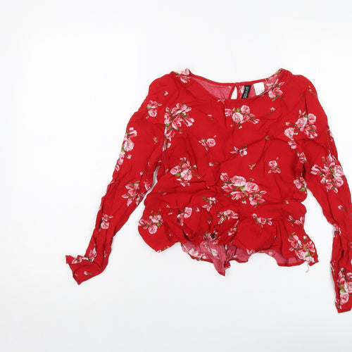 H&M Womens Red Floral Viscose Cropped Blouse Size 8 Round Neck