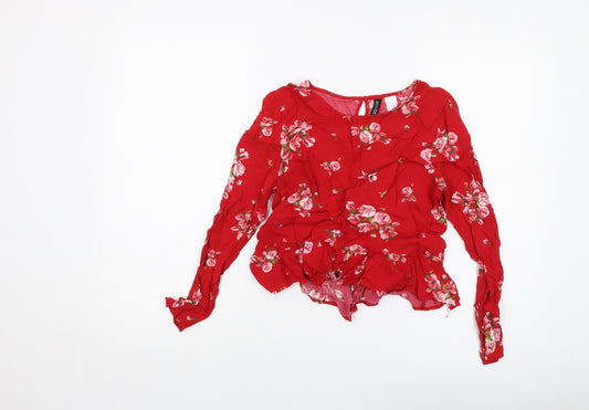 H&M Womens Red Floral Viscose Cropped Blouse Size 8 Round Neck