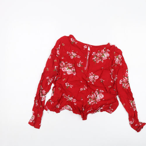 H&M Womens Red Floral Viscose Cropped Blouse Size 8 Round Neck