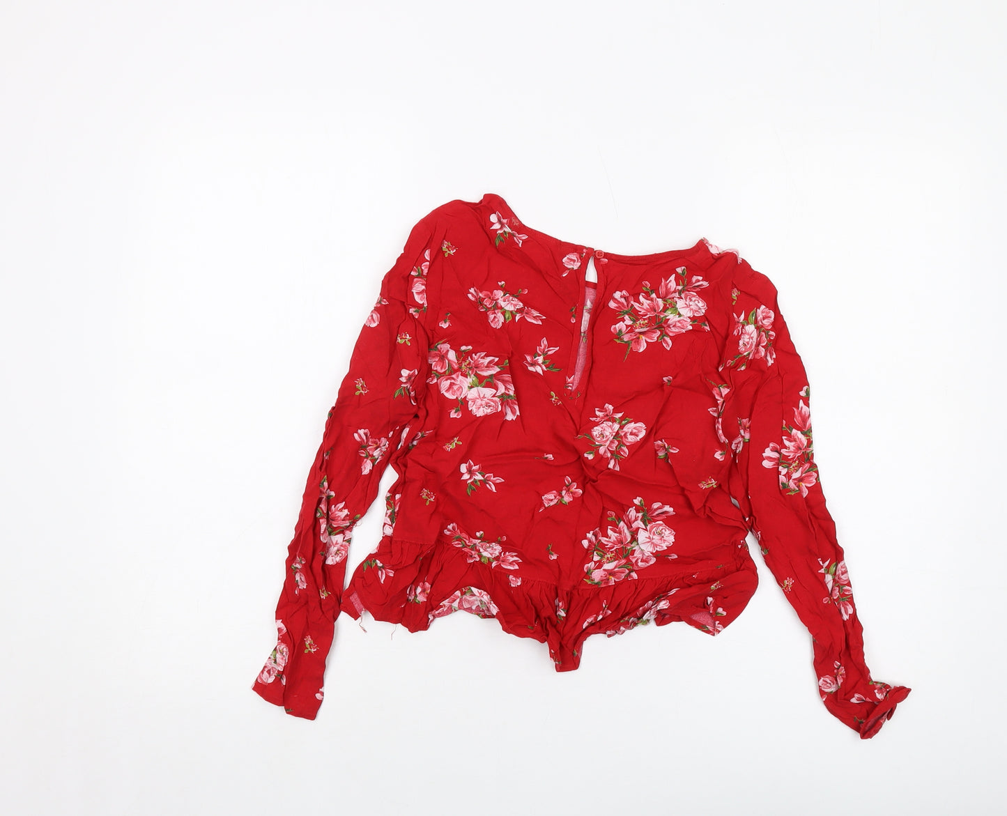 H&M Womens Red Floral Viscose Cropped Blouse Size 8 Round Neck