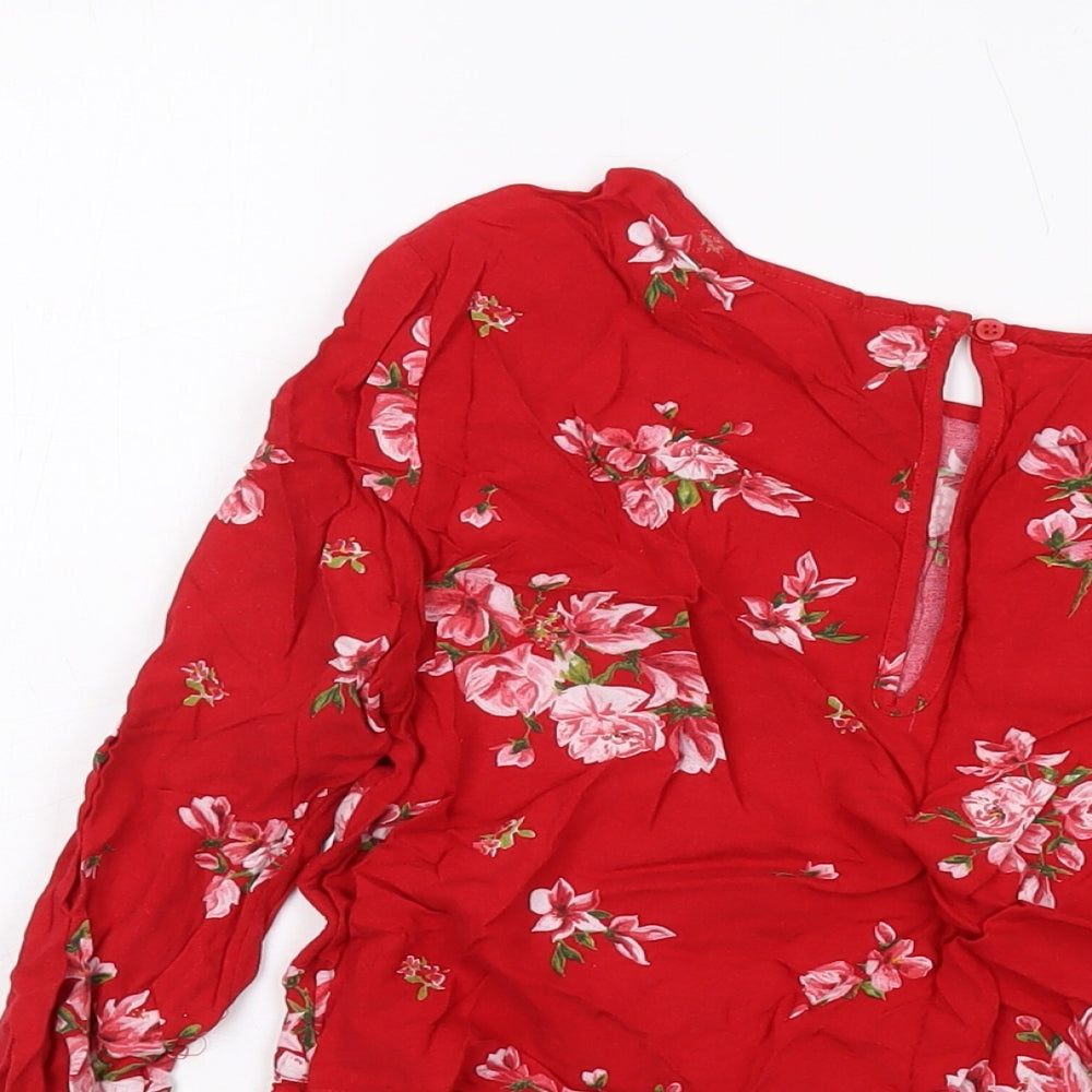 H&M Womens Red Floral Viscose Cropped Blouse Size 8 Round Neck