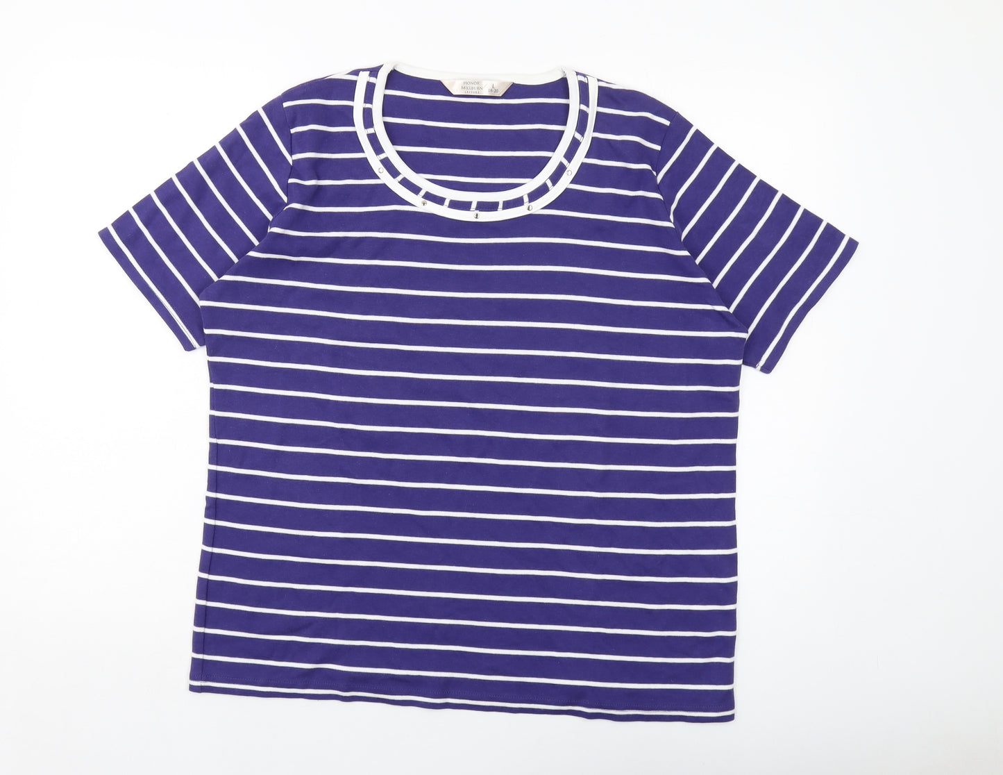 Honor Millburn Womens Purple Striped Cotton Basic T-Shirt Size 18 Round Neck