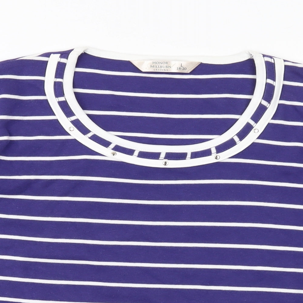 Honor Millburn Womens Purple Striped Cotton Basic T-Shirt Size 18 Round Neck