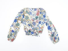 Zara Womens White Floral Cotton Basic Blouse Size S V-Neck