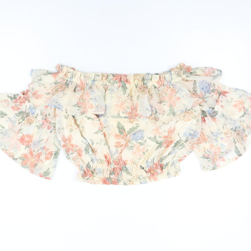 H&M Womens Ivory Floral Polyester Cropped Blouse Size 8 Off the Shoulder - Frill Detail