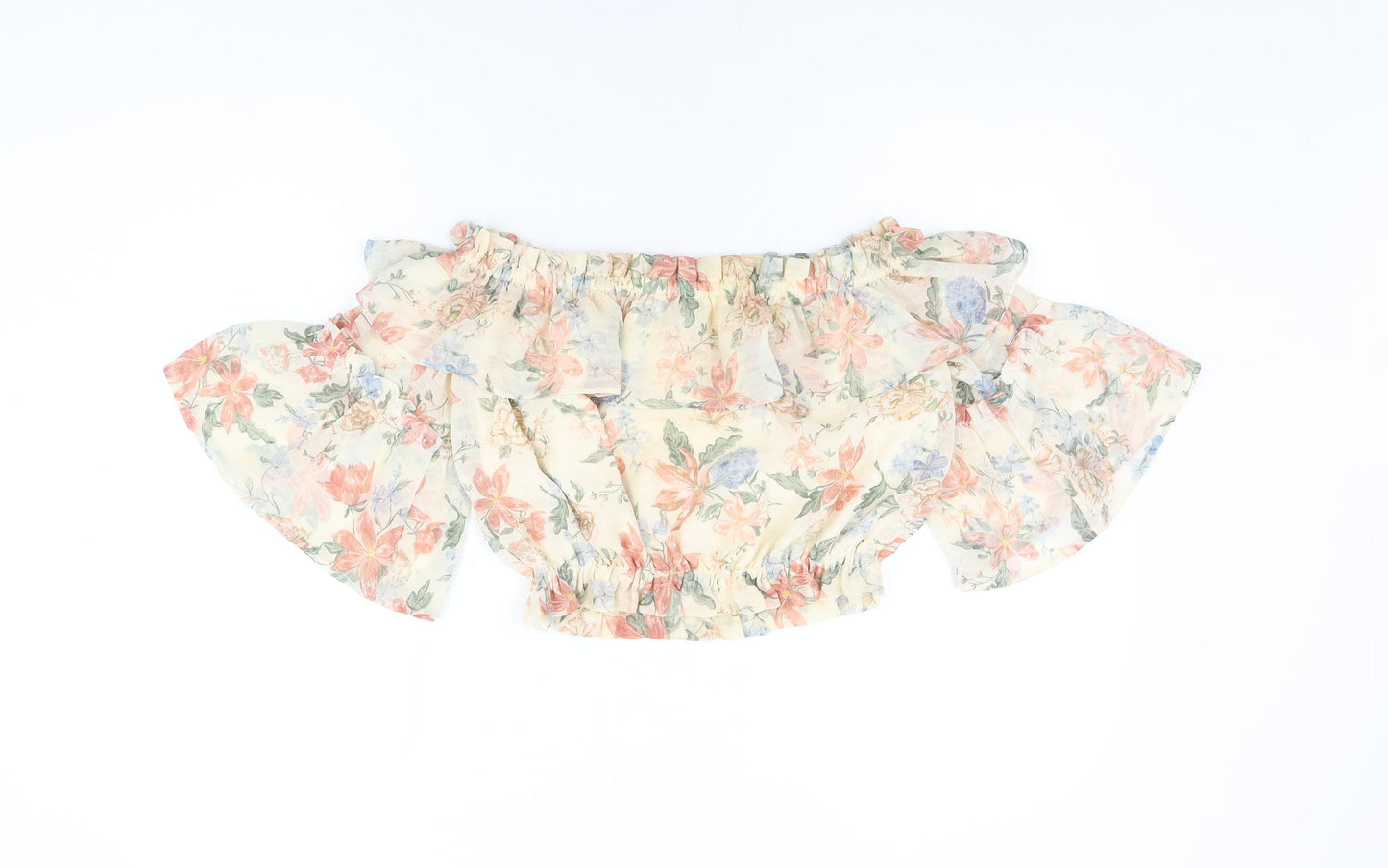 H&M Womens Ivory Floral Polyester Cropped Blouse Size 8 Off the Shoulder - Frill Detail