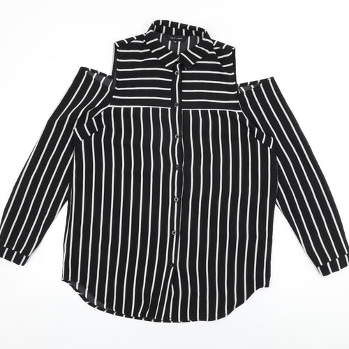 New Look Womens Black Striped Polyester Basic Button-Up Size 10 Collared