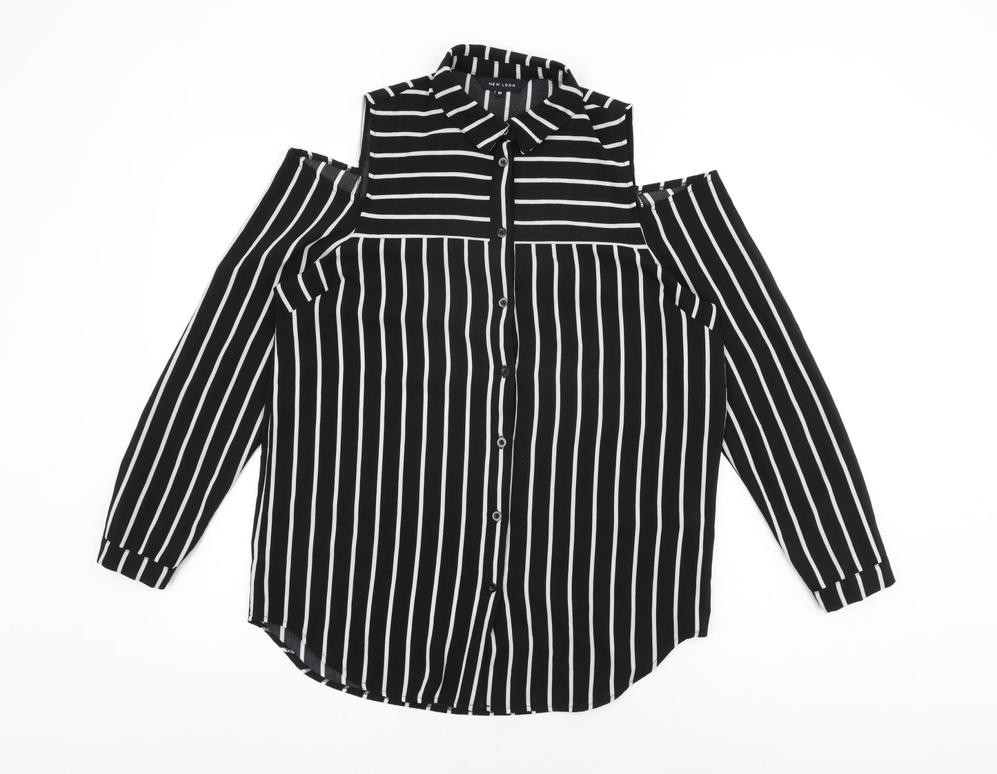 New Look Womens Black Striped Polyester Basic Button-Up Size 10 Collared