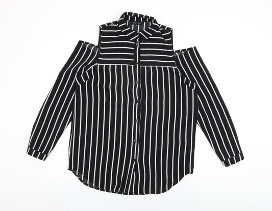 New Look Womens Black Striped Polyester Basic Button-Up Size 10 Collared