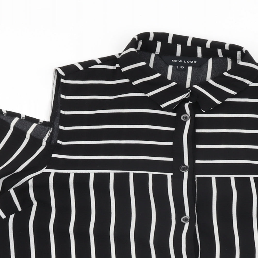 New Look Womens Black Striped Polyester Basic Button-Up Size 10 Collared