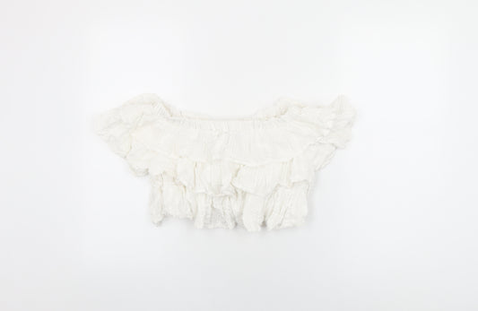 Topshop Womens White Cotton Cropped T-Shirt Size 6 Off the Shoulder - Frill Detail