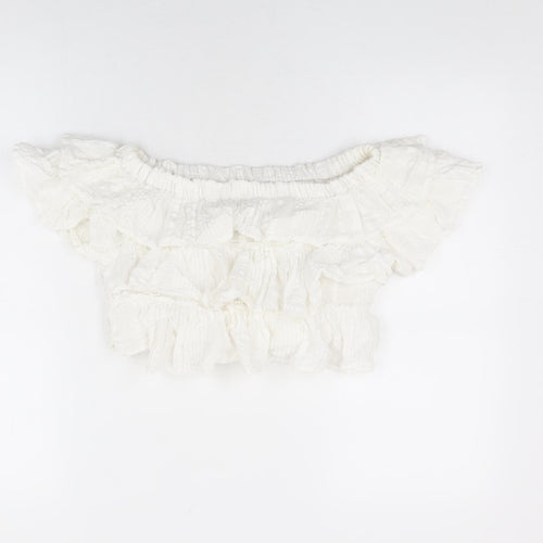 Topshop Womens White Cotton Cropped T-Shirt Size 6 Off the Shoulder - Frill Detail