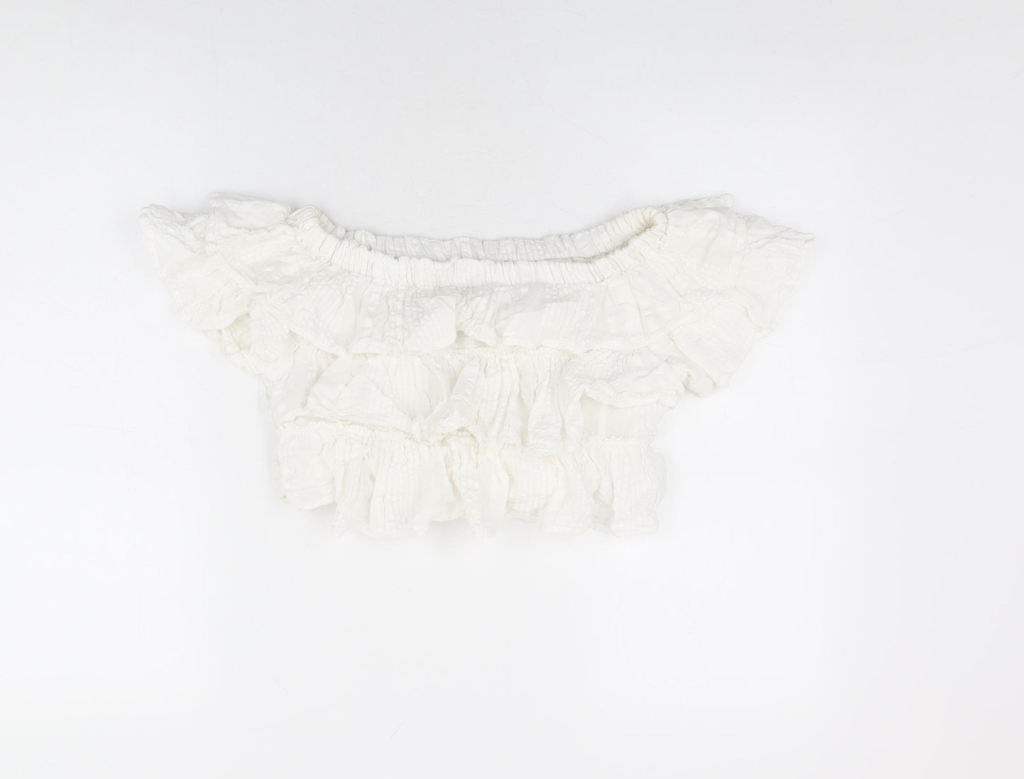 Topshop Womens White Cotton Cropped T-Shirt Size 6 Off the Shoulder - Frill Detail