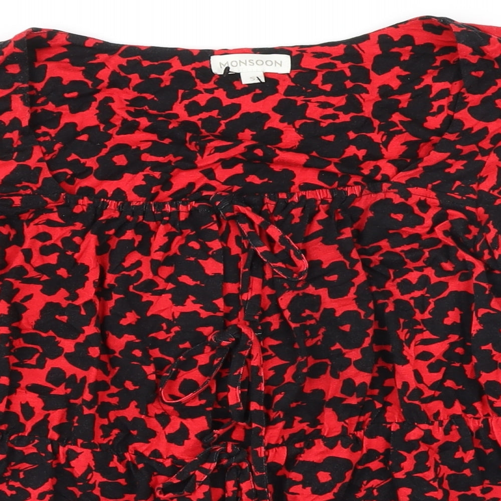 Monsoon Womens Red Animal Print Viscose Tunic Blouse Size S Boat Neck