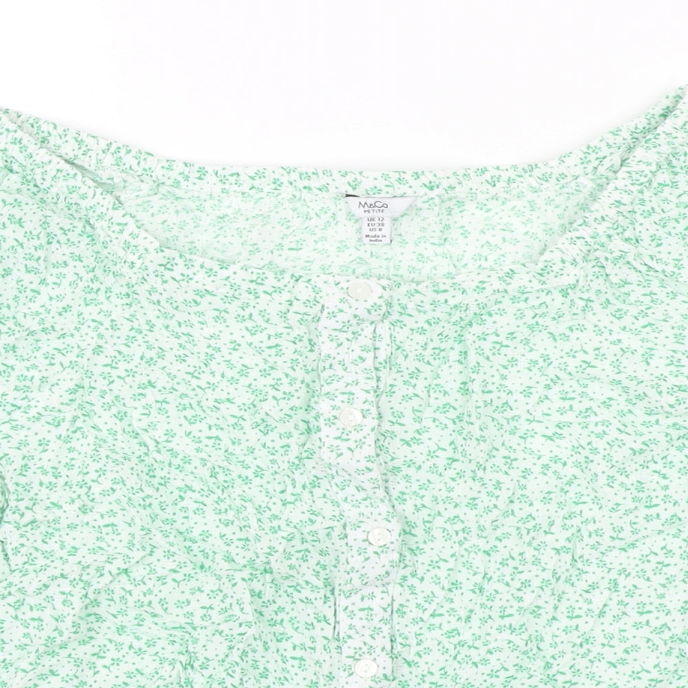 M&Co Womens Green Floral Cotton Blend Tunic Blouse Size 12 Boat Neck