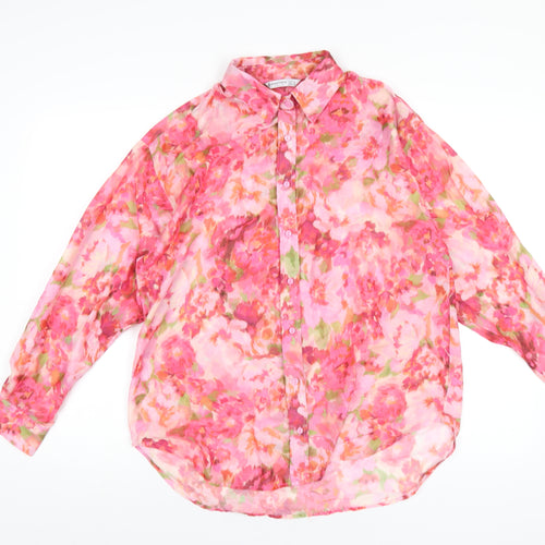 Stradivarius Womens Pink Floral Cotton Basic Button-Up Size S Collared